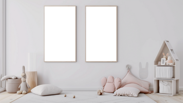 Modern children's room interior with transparent poster frame mockup