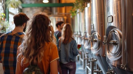 Visitors enjoying a guided tour of an eco-friendly brewery, learning about the use of organic ingredients and sustainable brewing techniques