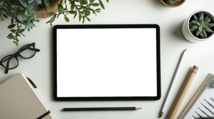 Top view of a tablet with a blank screen with stylus and writing tools on the work desk