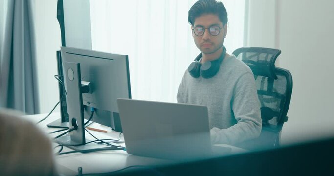 Group Adult Asia male, female freelance typing write prompt AI bot IT app smart program nomad, video game, terminal with coding language, user interface, designer, big data center on desktop computer.