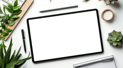 Top view of a tablet with a blank screen with stylus and writing tools on the work desk