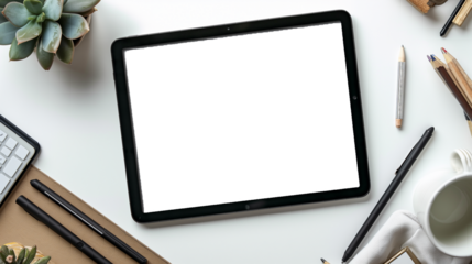 Top view of a tablet with a blank screen with stylus and writing tools on the work desk