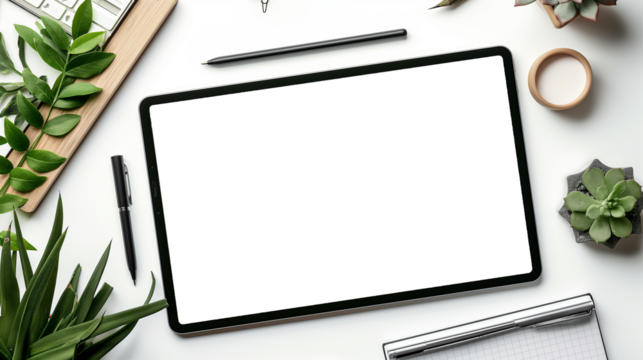 Top view of a tablet with a blank screen with stylus and writing tools on the work desk