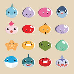 Obraz premium illustration of a collection of various 16 cute sea animal heads for stickers