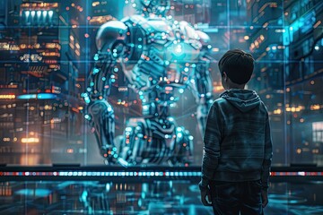 Boy Gazing at Futuristic Robotic Figure in Neon-Lit Sci-Fi Cityscape
