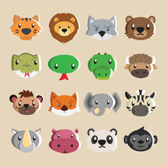 illustration of a collection of various 16 cute wild animal heads for stickers