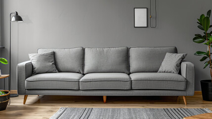 Modern Gray Sofa in Stylish Living Room with Minimalistic Decor and Indoor Plant