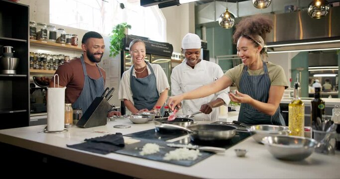 Chef, cooking class and course in kitchen for learning education for meal prep, professional or restaurant. Men, women and travel experience as masterclass for culinary cuisine, skill or teaching
