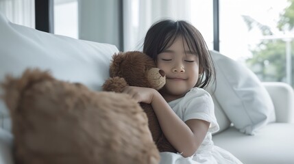 Little girl child hugging brown teddy bear, sitting on comfortable sofa modern home interior. Portrait photography.