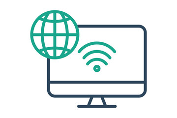 information technology icon. computer with earth and wifi. icon related to information technology. line icon style. technology element vector illustration