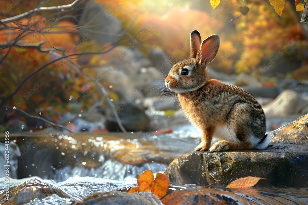 Wall mural a cute rabbit on the bank of a river flowing over rocks - Wall murals