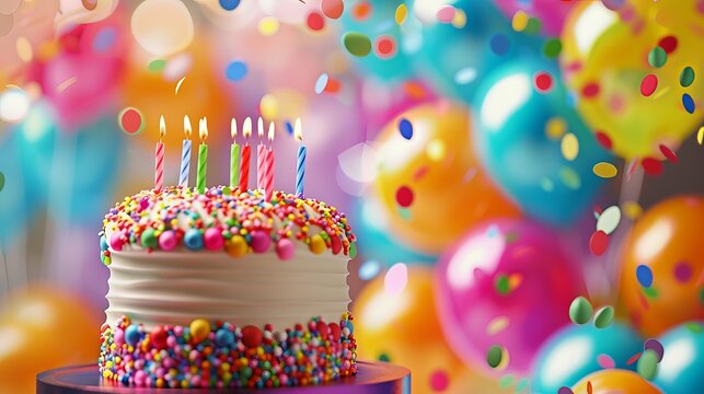 Birthday Celebration: Colorful Balloons Backdrop with Cake and Candles - Festive Party Atmosphere