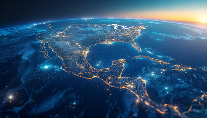 A stunning view of North America at night from space, showcasing illuminated cities and the natural beauty of the continent with a glowing horizon.
