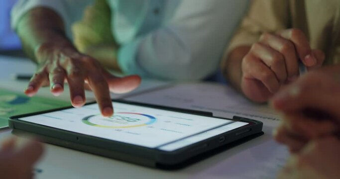 Closeup group Asia businesspeople talk ESG strategies risk management workshop night, SDGs, global warming, green finance and investment and net zero waste lifestyle in boardroom training building.