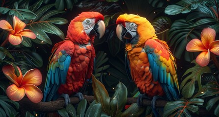 Obraz premium Exotic colorful background with macaws in the jungle surrounded by lush vegetation and blooming flowers