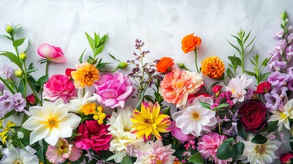 Assortment of vibrant flowers in bloom arranged in a beautiful bouquet on a pristine white surface, filling the air with their fragrant scent.