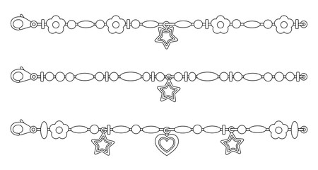 Obraz premium Set of beads bracelets outline. Cartoon cute bracelets made of beads. Friendship retro bracelets isolated on white background. Kid's jewelry