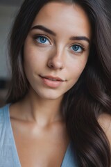 Fototapeta premium Woman's Close-up Beauty: Portrait featuring a woman with stunning hair, captivating eyes, and glamorous makeup