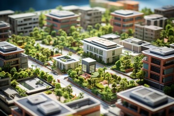 A miniature model of a modern urban cityscape with detailed buildings, lush greenery, and well-planned infrastructure under a bright sky.