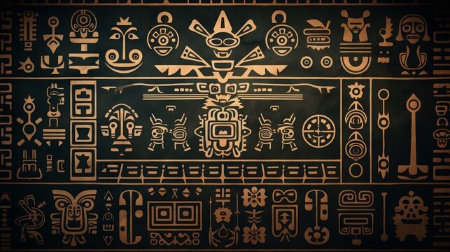 Ancient tribal symbols and glyphs in intricate patterns on a dark background. Perfect for cultural, historical, and artistic themes.