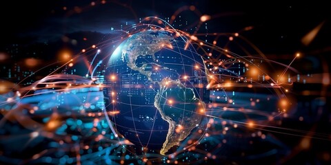 Obraz premium Global digital logistics internet marketing and business e-commerce graphic concept showing global network and social media connection technology. Generative AI