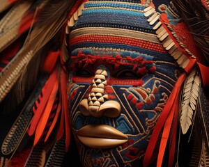 Obraz premium Intricate tribal mask with vibrant colors and detailed patterns, showcasing cultural artistry and traditional craftsmanship.