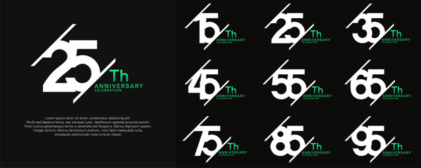 anniversary vector set with white and green color and slash for celebration purpose