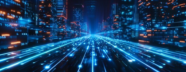 Fototapeta premium Abstract digital background with blue lights and binary code, glowing cityscape night sky in the style of cyberpunk