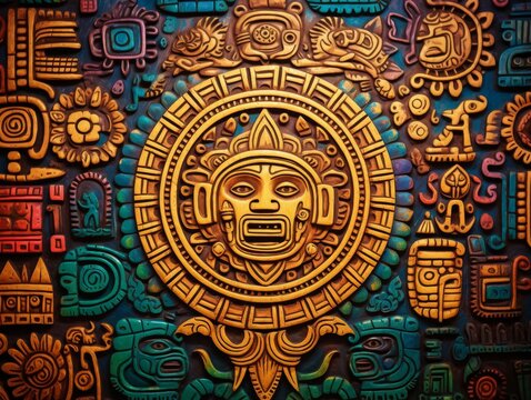 Intricate Aztec calendar artwork featuring brightly colored symbols and patterns in a traditional style.