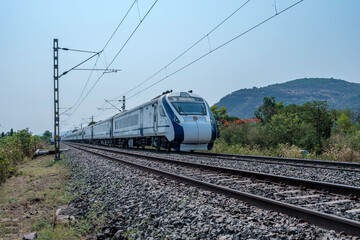 The Solapur Mumbai Vande Bharat Express Train heading towards Mumbai, near Pune India.