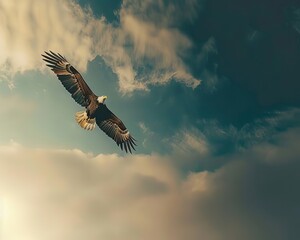 Obraz premium Desktop wallpaper design for Independence Day, featuring an eagle soaring across a flag themed sky, no people, copy-space, High resolution