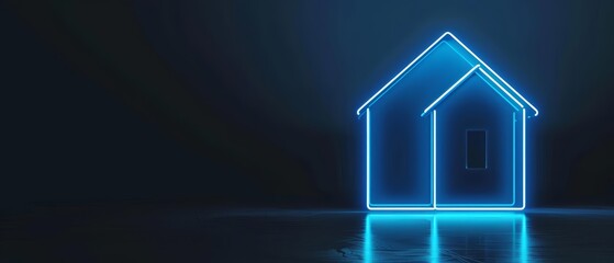 A blank podium showcase featuring a neon blue house outline glowing against a sleek