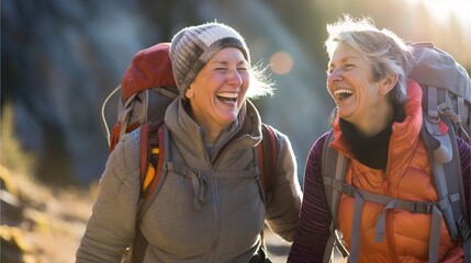 A photograph of two middle-aged women hiking in the mountains, smiling and laughing together as they walk along an outdoor trail with backpacks on their backs. The sunlight is warm against them,AI