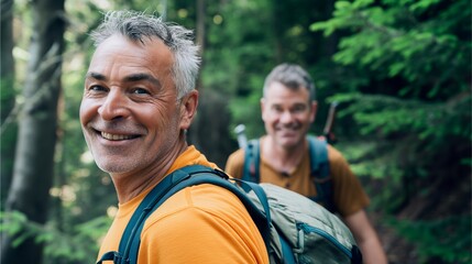 Naklejka premium Happy Male Hikers Enjoying Nature in Forest Trail Adventure