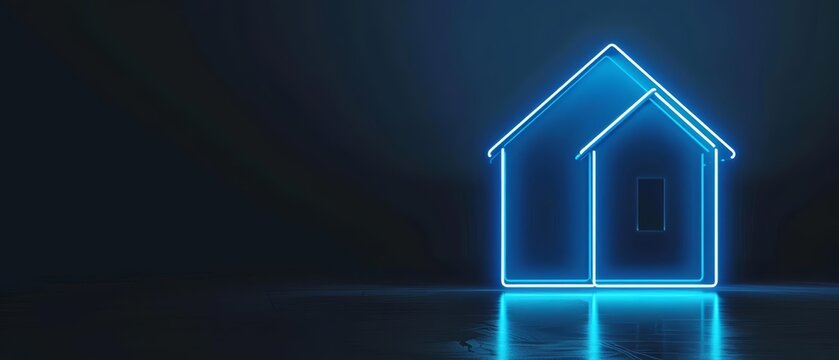 A blank podium showcase featuring a neon blue house outline glowing against a sleek