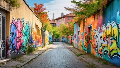 Vibrant Street with Colorful Graffiti Art
