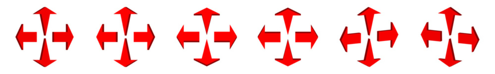 arrows 3-d red icon. arrow sign three-dimensional shape ( 3d ) with left, right, up, and down direction of true stright symbol. isolated on white background. some icons with pointed  tail