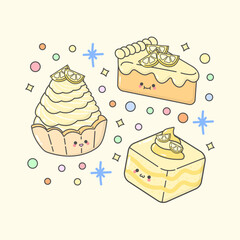 sweet dessert cream tart slice cake sponge cake melon with cute facial expressions and pastel colour
