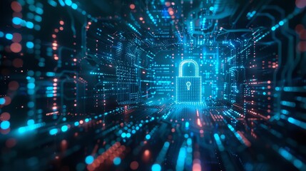 Obraz premium A creative depiction of a padlock emitting a neon blue glow