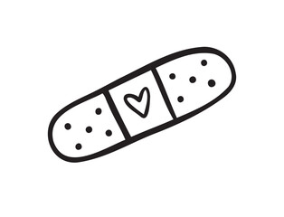Hand drawn aid band plaster with heart care isolated on white background. doodle outline style