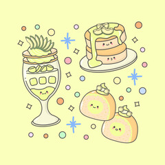 sweet dessert parfait roll cake pancake avocado with cute facial expressions and pastel colour