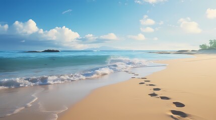 Fototapeta na wymiar A sandy beach with footprints leading towards the sparkling ocean