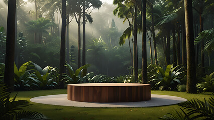 A modern  wood podium stage for product design against the backdrop of a tropical forest - generative AI