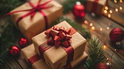 Vibrant Christmas Gift Boxes on Wooden Table - Festive Holiday Celebration, Merry Christmas, and Happy New Year 2024 - Joyful Festive Decor Concept
