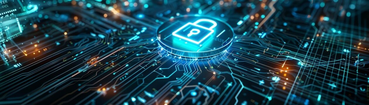 A futuristic digital scene featuring a glowing neon blue padlock icon surrounded by intricate circuit patterns The background is a dark