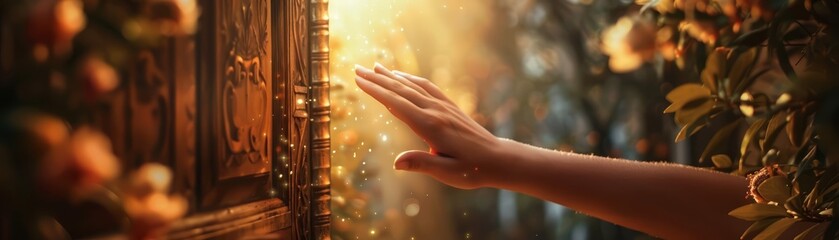 A human hand holding a door in a whimsical fairytale setting, evoking a sense of magic with a blurred backdrop