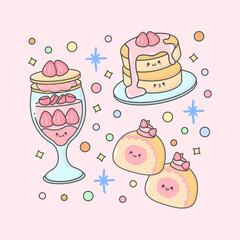 sweet dessert parfait roll cake pancake strawberry with cute facial expressions and pastel colour