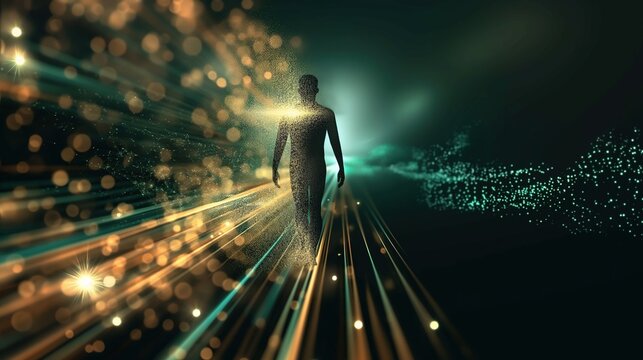 The silhouette of a man appears among streaks of light and a dark background. Light at the end of the tunnel, new life, reincarnation