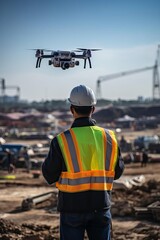 Construction worker flying drone at building site