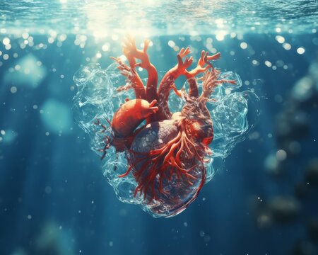 The image shows a 3D illustration of a heart floating in the middle of the ocean with a ray of light shining down on it.